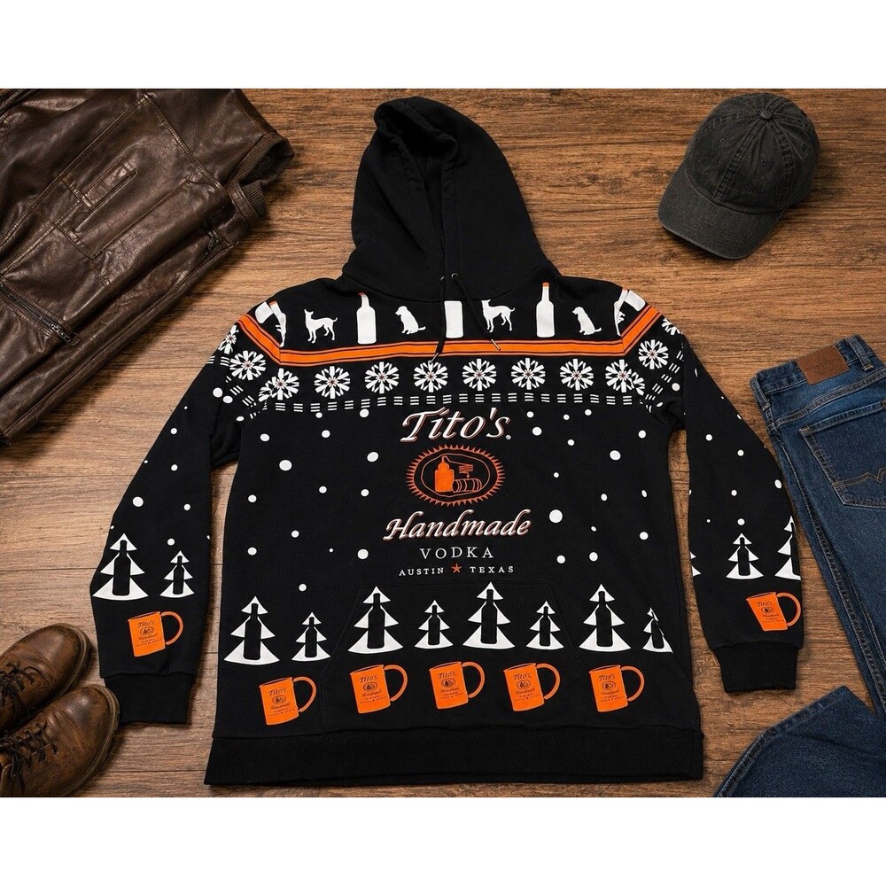 Titos Handmade Vodka Austin Texas Mens XL Ugly Christmas Sweater Hoodie